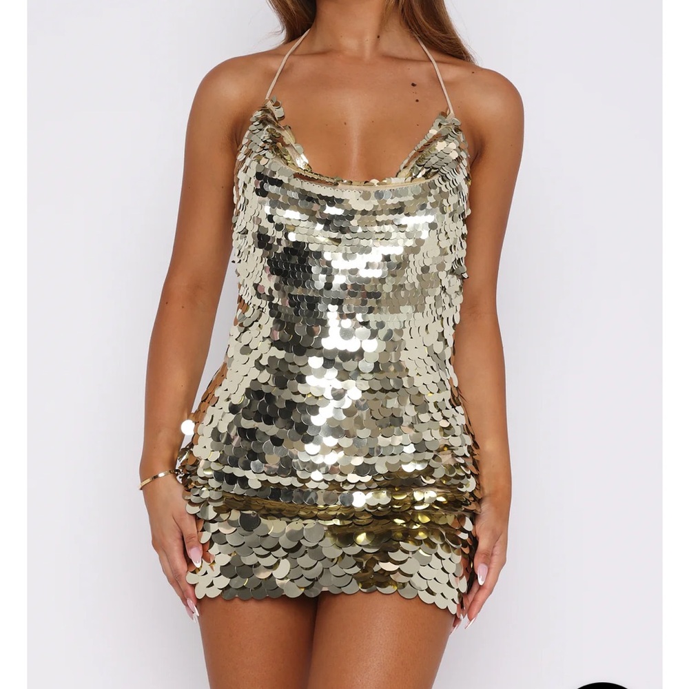 Gold Sequin Halter Dress